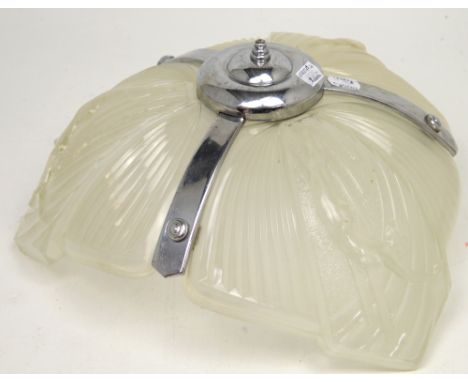 An Art Deco ceiling lamp shade, white opaque glass with naked dancing lady decoration with chrome fittings (af).   CONDITION 