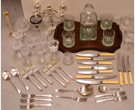 A quantity of glassware including Edinburgh crystal, decanter and assorted glasses, also a plated candelabrum etc.
