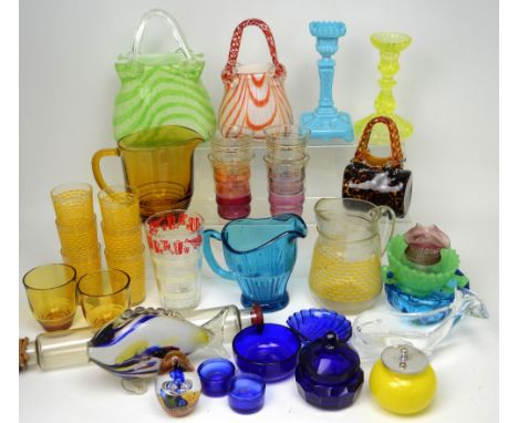 A collection of mid-20th century retro glass to include a seven-piece lemonade set, a Murano glass bag, a glass rolling pin e