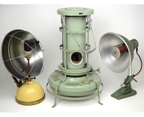 A 1950s Alladin stove heater in duck egg blue, a 1930s Tilley radiator, model R.1 and a Ergon infrared radiant heater (3).