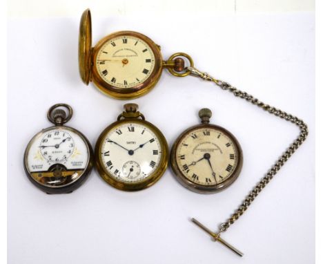 Four pocket watches to include a silver-cased Jovis eight-day pocket watch with visible movement, enamelled dial set with gol