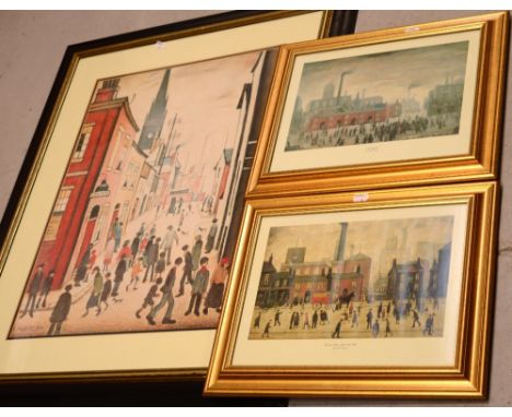After LS LOWRY; three prints 'The Organ Grinder', 'Coming Home from the Mill' and 'The Accident', all framed and glazed.