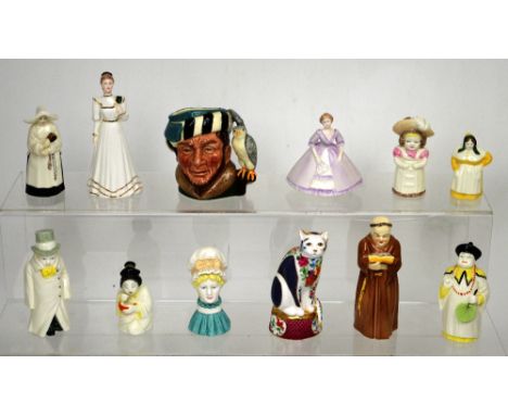 Nine assorted Royal Worcester candle snuffers, two small Coalport figures and a Royal Doulton character jug (12).