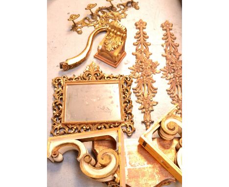 Two contemporary cream and gilt pine shelf brackets with a marble shelf, approx 95 x 30cm, a small wall-mounted single leg ha