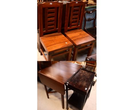 A pair of contemporary fruitwood ladder-back dining chairs, an oak tea trolley and a reproduction mahogany drop-leaf dining t