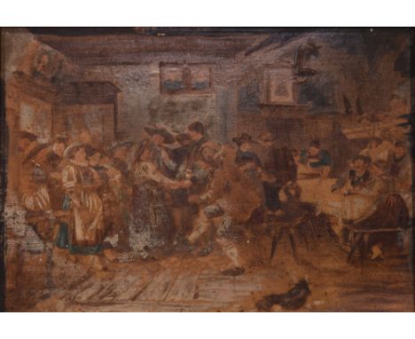 A print on tin with over-painted tavern scene in heavy cast iron frame, 33 x 40cm.