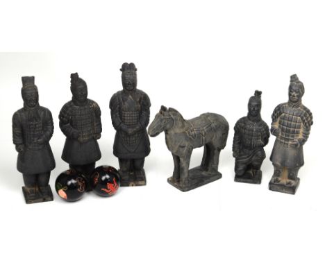 A collection of Chinese items including boxed terracotta army figures, medicine balls etc (3).