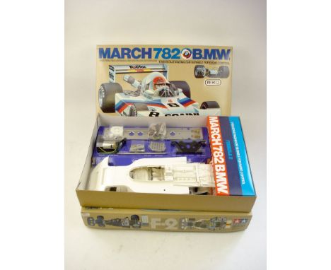 Two Tamiya 1/10th scale F2 March 782 BMW radio control kits:, no RA1013, white body, components and tyres in original inner p