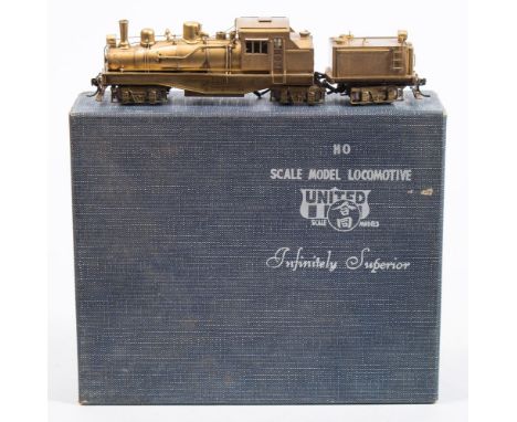 A United Scale Models (Japan)  3-truck Willamette geared locomotive and tender:, brass finish in original box. 