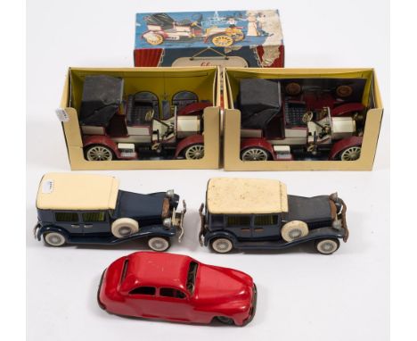 Two Schuco tinplate clockwork Old Timer Mercedes Simplex 1902 cars:, together with a Chad Valley clockwork car and two Japane