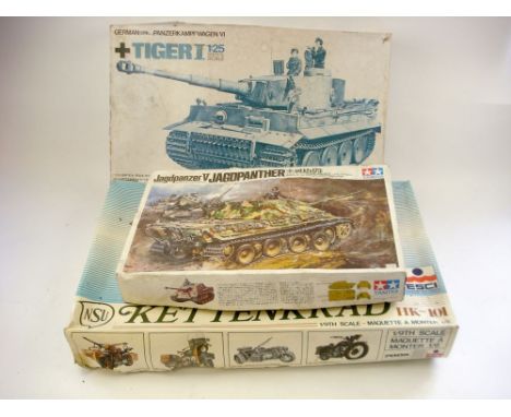 Tamiya Tiger 1 1/25th scale model tank:, together with a Tamiya tank Destroyer 1/25th scale model and a Esci 1/9th scale mode