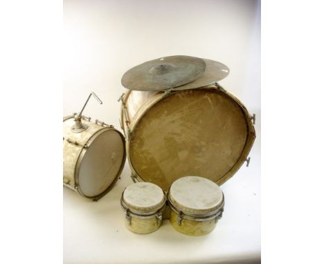 A mid 20th century composite part drum kit:, comprising bass drum,  tom-tom , a pair of Olympic high tom-toms in pearl finish