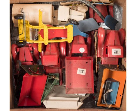 A group of six Girad Toys pressed steel toy trucks:, including a Fire engine and a tanker, all with black treaded Girad Ballo