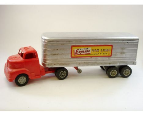 Marx Toys (USA)  a large scale tinplate Tractor-Trailer Truck in 'Hi-Way Express' livery:, red tractor  and aluminium trailer