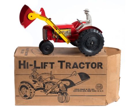 Louis Marx & Co Inc (USA) a tinplate 'Hi-lift' tractor:, red and yellow with lithograph engine details, grey plastic driver a