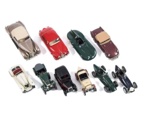 A group of 1/43rd scale white metal cars:, including a Grand Prix Models Jaguar Mk 2, a Historic racing Connaught Type B and 