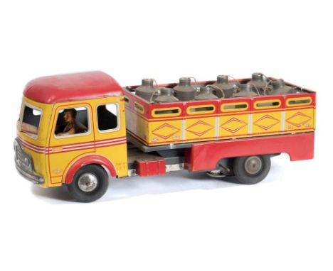 A French Post-War tinplate clockwork milk lorry by Charles Rossignol:, red and yellow lithograph cab and chassis with driver 