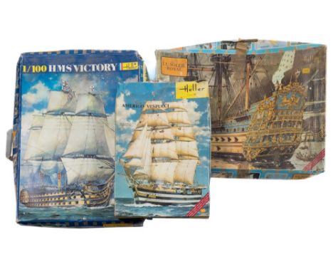 Three Heller scale model sailing ship kits, HMS Victory, Le Soleil Royal and Amerigo Vespucci:,  boxes soiled (unchecked for 