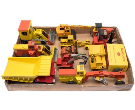 A Dinky Construction vehicles group:, Aveling-Barford Centaur, Tractor Shovel, Shovel Dozer, Road Grader, Aveling -Barford Di