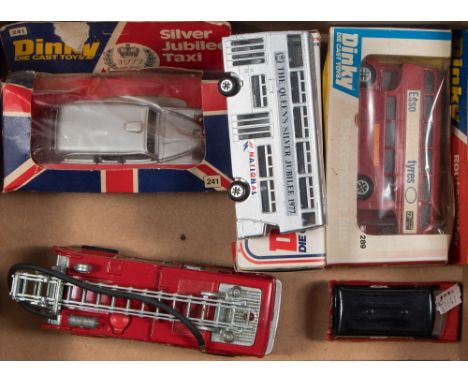 Two Dinky Silver Jubilee Taxis:, together with a Silver Jubilee Double Decker bus, a Routemaster Bus, a Merryweather marquis 