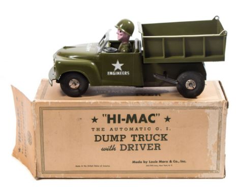 Marx Toys (USA) 'Hi-Mac' The Automatic GI Dump Truck with Driver:, fixed key clockwork mechanism, green plastic body with ste