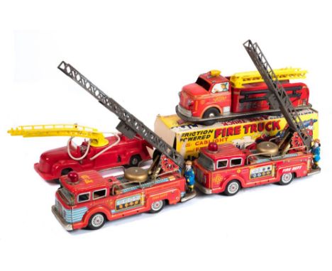 Marx Toys (USA)  a tinplate  battery operated Fire Engine:, with yellow plastic ladder and light, lithograph printed body, to