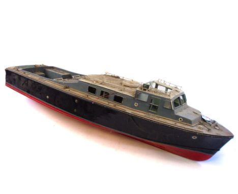 A radio control scale model of an RAF Rescue launch:, grey cabin and decks over wooden hull painted black to water line and r