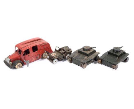 A Tri-ang Minic  tinplate clockwork US Army Jeep:, together with two tanks and a Fire engine, (a/f) (4).