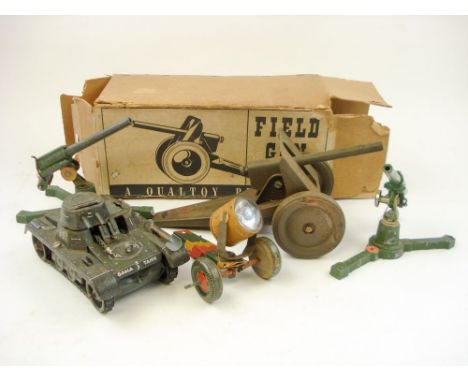 Pearce (UK) a tinplate field gun, boxed:, together with two Astra Anti-Aircraft guns and a Gama tinplate clockwork tank and a