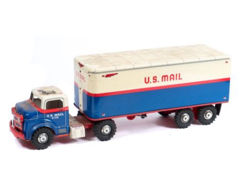 Marx Toys (USA)  a large scale tinplate Tractor-Trailer Truck in US Mail livery:, white blue and red with black rubber tyres,