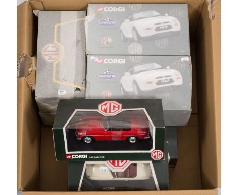 Corgi a group of five 1/18th scale model MGB Roadsters in red and white, together with four similar MGF Roadsters:, boxed.