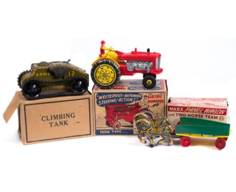 Louis Marx & Co Inc (USA) a tinplate clockwork Sparkling climbing Bulldozer tractor in original box:, red and orange with lit