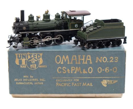 United Scale Models (Kawaguchi, Japan) an Omaha No 23 CS & PM & O 0-6-0 locomotive and tender:, the painted brass body in gre