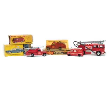 Dinky  Emergency Services group:, Superior Criterion Ambulance (277), Fire Engine (259), two Land Rover Fire Appliances (282)