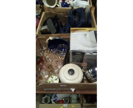 2 BOXES OF GLASS, DINNER SET & CAMERA EQUIPMENT