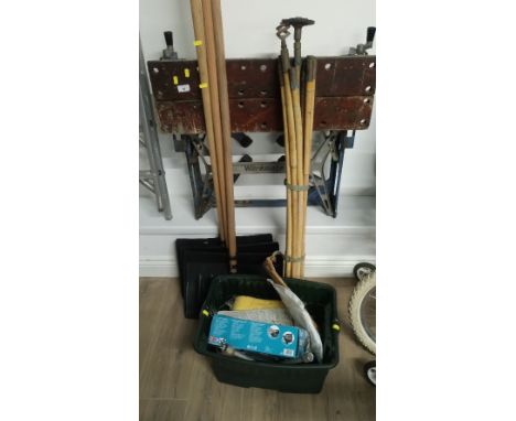 WORKMATE, 3 SNOW SHOVELS & BOX OF TOOLS ETC