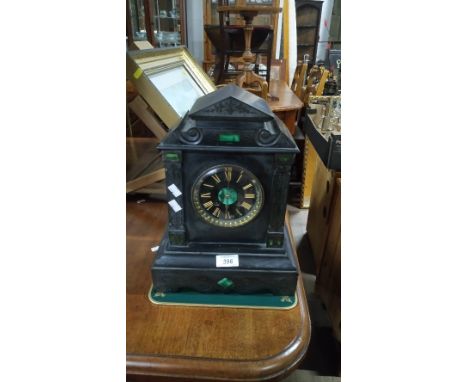 VICTORIAN SLATE MANTLE CLOCK WITH GREEN STONE INLAYS & KEY