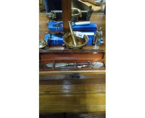 BRASS PESTLE & MORTAR , MINER , LAMP , KNIFE & FORK & ROYAL DOULTON CAKE KNIFE