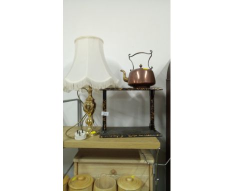 3 ITEMS INCLUDING BRASS LAMP , COPPER KETTLE