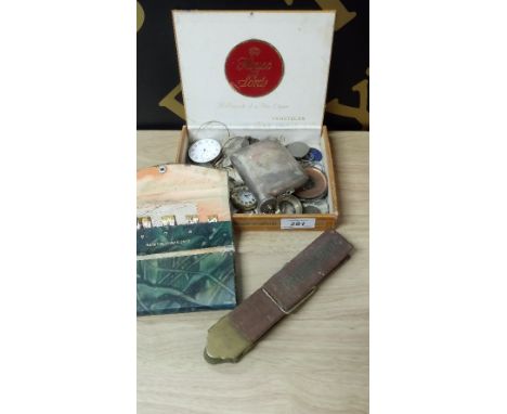 CIGAR BOX OF WATCH PIECES, HIP FLASK, GLASSES ETC
