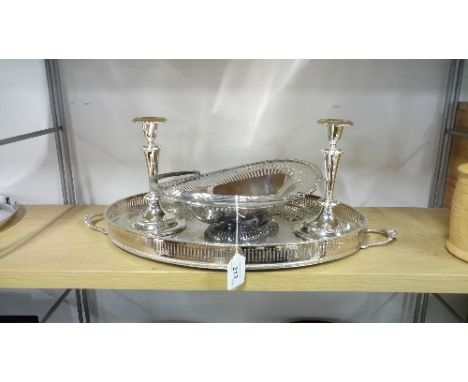 ARTHUR PRICE PLATED TRAY , BASKET & 1 PAIR CANDLESTICK