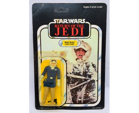 Palitoy Star Wars vintage Han Solo (Hoth Outfit) ROTJ 65D light yellow tinted bubble on unpunched good to good plus cardback 