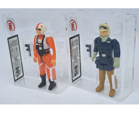 Kenner Star Wars vintage Han Solo Hoth UKG 85% with Luke Skywalker X-Wing Pilot UKG 80% 3&amp;3/4 inch action figures.