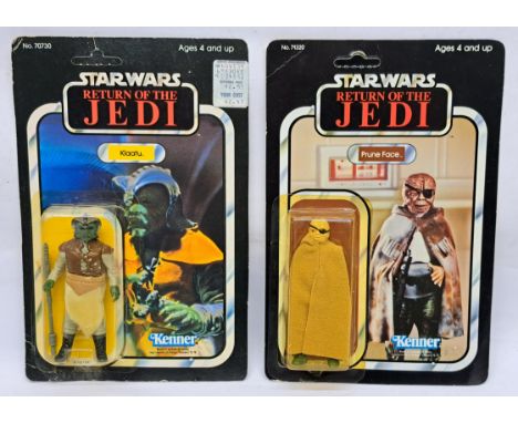 Kenner Star Wars vintage Prune Face ROTJ 79A yellow bubble on unpunched fair to good cardback &amp; Klaatu 65A clear bubble w