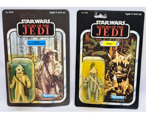 Kenner Star Wars vintage ewoks - Teebo 77A yellow bubble on good to good plus cardback &amp; Logray 65B Yellow bubble on unpu
