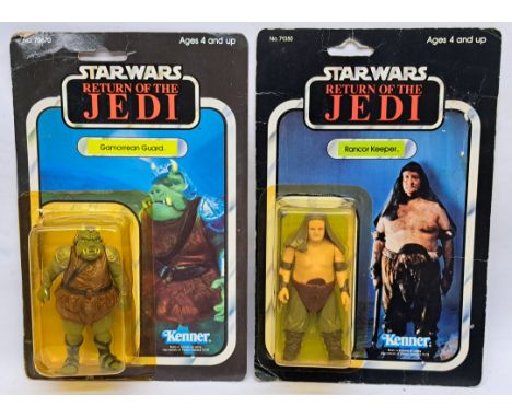 Kenner Star Wars vintage carded ROTJ figures Rancor Keeper (77A) &amp; Gamorrean Guard (65B) yellowed bubbles &amp; fair to g