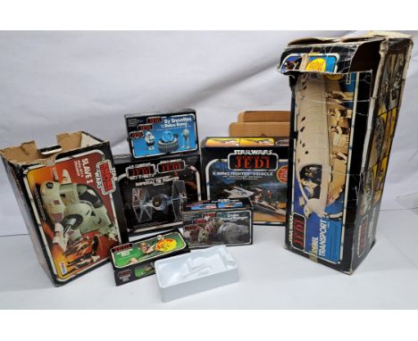Assortment of vintage Palitoy & Kenner empty boxes. Including ROTJ Battle Damaged X-Wing (with insert), Sy Snootles & Rebo Ba