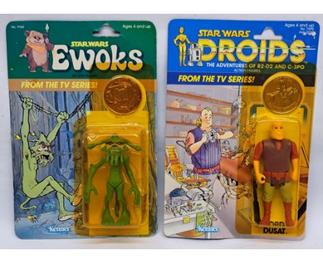 Kenner Star Wars Cartoon TV Series: Droids Jord Dusat 12A yellow cracked bubble on good cardback plus Ewoks' Dulok Scout open