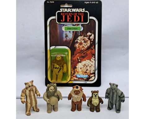 Kenner Star Wars vintage Chief Chirpa ROTJ 77A yellow bubble on good to excellent cardback with loose incomplete Ewok figures