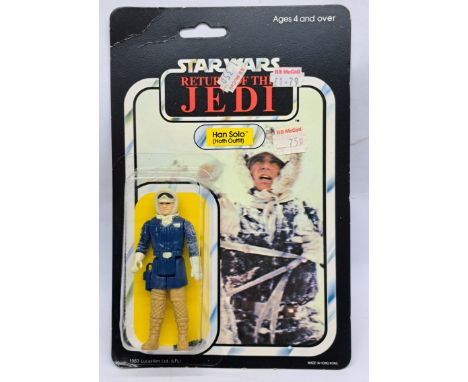 Palitoy Star Wars vintage Han Solo (Hoth Outfit) ROTJ 65D frosted arms clear bubble with minor creasing on fair to good cardb